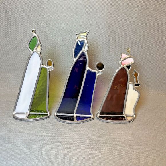 Vintage Stained Glass Nativity Set, 3 Kings Free Standing Christmas Decor - Picture 1 of 10